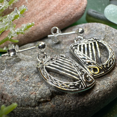Load image into Gallery viewer, Harp Earrings, Celtic Jewelry, Ireland Jewelry, Irish Jewelry, Harp Jewelry, Clover Jewelry, Post Back Earrings, St. Patrick's Day, Mom Gift
