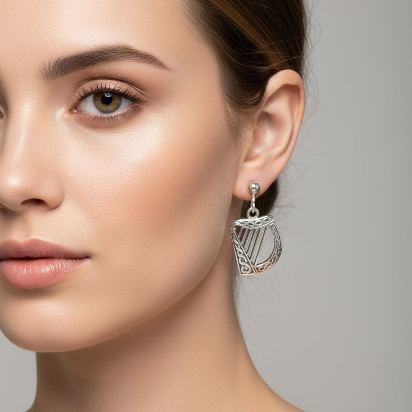 Harp Earrings, Celtic Jewelry, Ireland Jewelry, Irish Jewelry, Harp Jewelry, Clover Jewelry, Post Back Earrings, St. Patrick's Day, Mom Gift