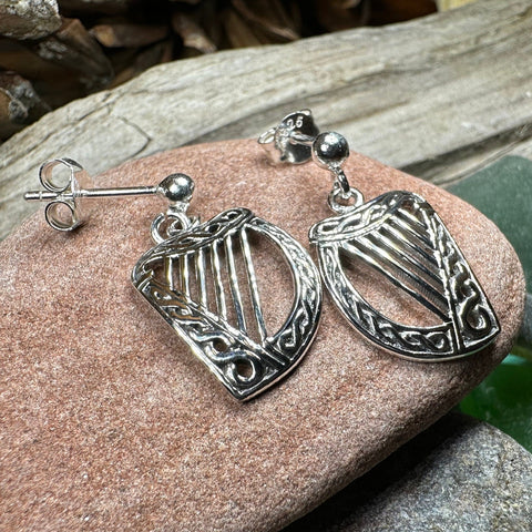 Load image into Gallery viewer, Harp Earrings, Celtic Jewelry, Ireland Jewelry, Irish Jewelry, Harp Jewelry, Clover Jewelry, Post Back Earrings, St. Patrick's Day, Mom Gift
