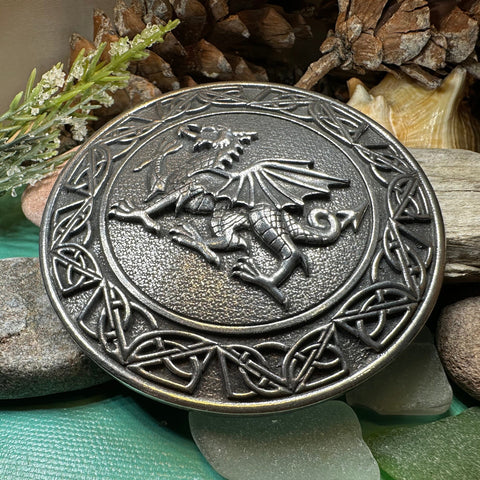 Load image into Gallery viewer, Welsh Dragon Brooch, Wales Jewelry, Extra Large Celtic Pin, Grooms Gift, Father's Day Gift, Celtic Pin, Pagan Brooch, Plaid Pin, Tartan Pin
