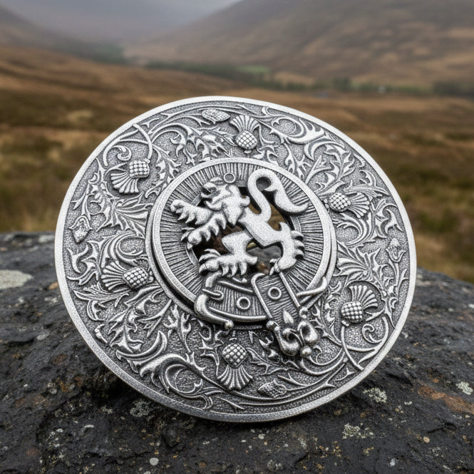 Thistle Plaid Brooch, Extra Large Celtic Pin, Scottish Lion Pin, Norse Jewelry, Wiccan Jewelry, Anniversary Gift, Kilt Pin, Men's Tartan Pin