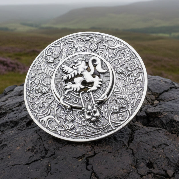 Thistle Plaid Brooch, Extra Large Celtic Pin, Scottish Lion Pin, Norse Jewelry, Wiccan Jewelry, Anniversary Gift, Kilt Pin, Men's Tartan Pin