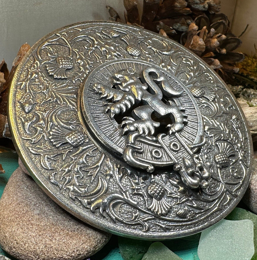 Thistle Plaid Brooch, Extra Large Celtic Pin, Scottish Lion Pin, Norse Jewelry, Wiccan Jewelry, Anniversary Gift, Kilt Pin, Men's Tartan Pin