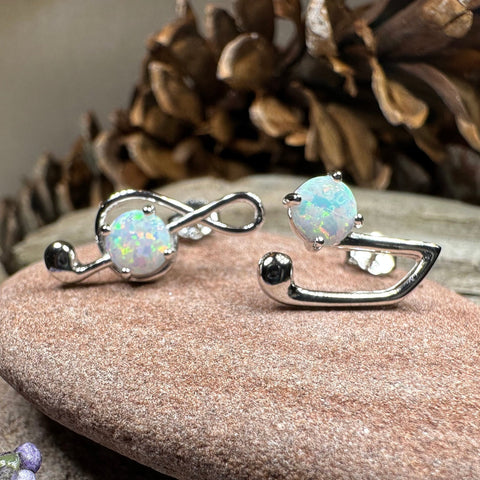 Load image into Gallery viewer, Music Note Stud Earrings, Musician Jewelry, Treble Clef Jewelry, Anniversary Gift, Opal Jewelry, Mom Gift, Sister Gift, Wife Gift
