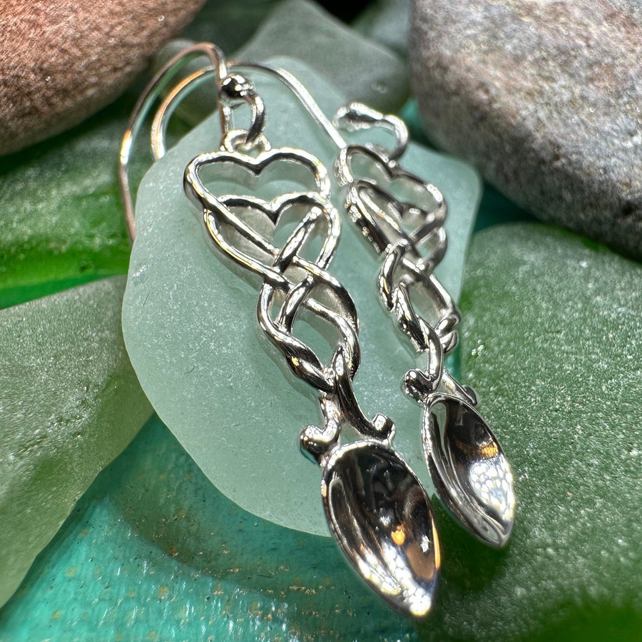 Love Spoon Earrings, Celtic Jewelry, Wales Jewelry, Welsh Earrings, Bridal Jewelry, Anniversary Gift, Heart Jewelry, Silver Spoon Wife Gift