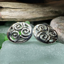 Load image into Gallery viewer, Celtic Knot Earrings, Irish Jewelry, Triple Spiral Stud Earrings, Anniversary Gift, Scottish Jewelry, Norse Jewelry, Triskel Jewelry
