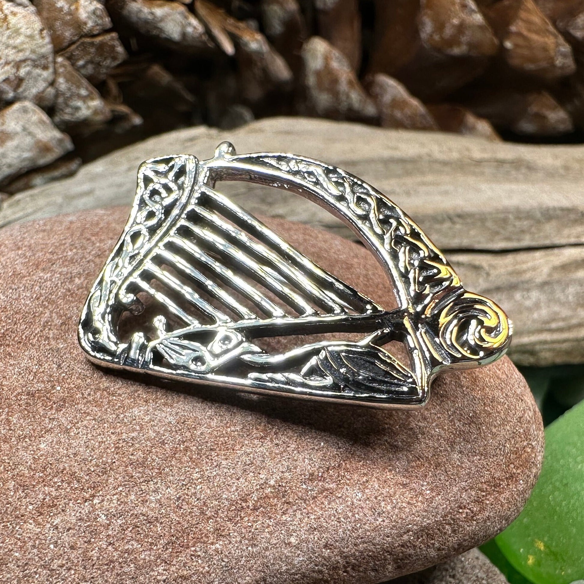 Ancient Bard Celtic Harp Brooch - Irish Sterling Silver Pin — view 4