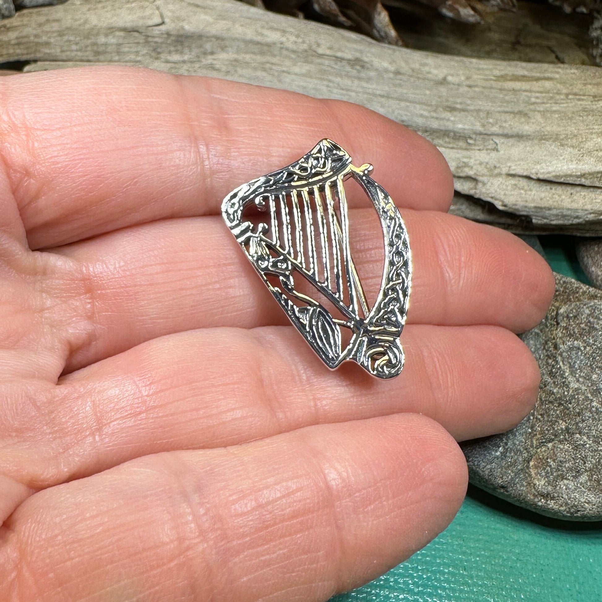 Ancient Bard Celtic Harp Brooch - Irish Sterling Silver Pin — view 5