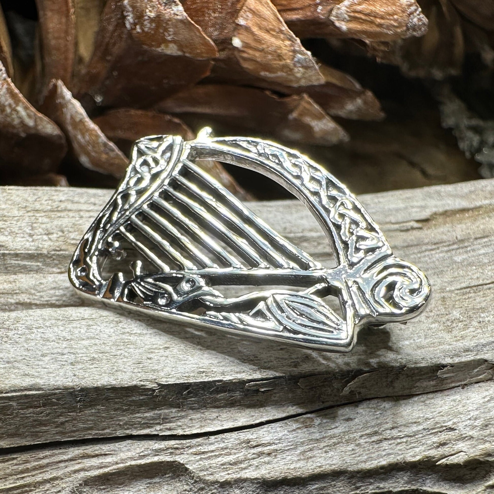 Ancient Bard Celtic Harp Brooch - Irish Sterling Silver Pin — view 8