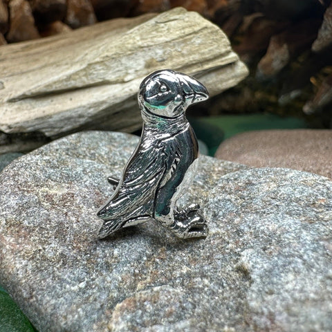 Load image into Gallery viewer, Puffin Lapel Pin, Scotland Jewelry, Bird Pin, Seashore Bird Jewelry, Cute Scatter Pin, Scottish Jewelry, Puffin Jewelry, Silver Brooch
