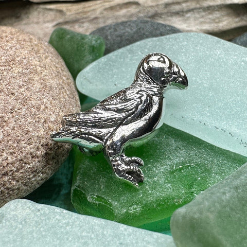 Load image into Gallery viewer, Puffin Lapel Pin, Scotland Jewelry, Bird Pin, Seashore Bird Jewelry, Cute Scatter Pin, Scottish Jewelry, Puffin Jewelry, Silver Brooch
