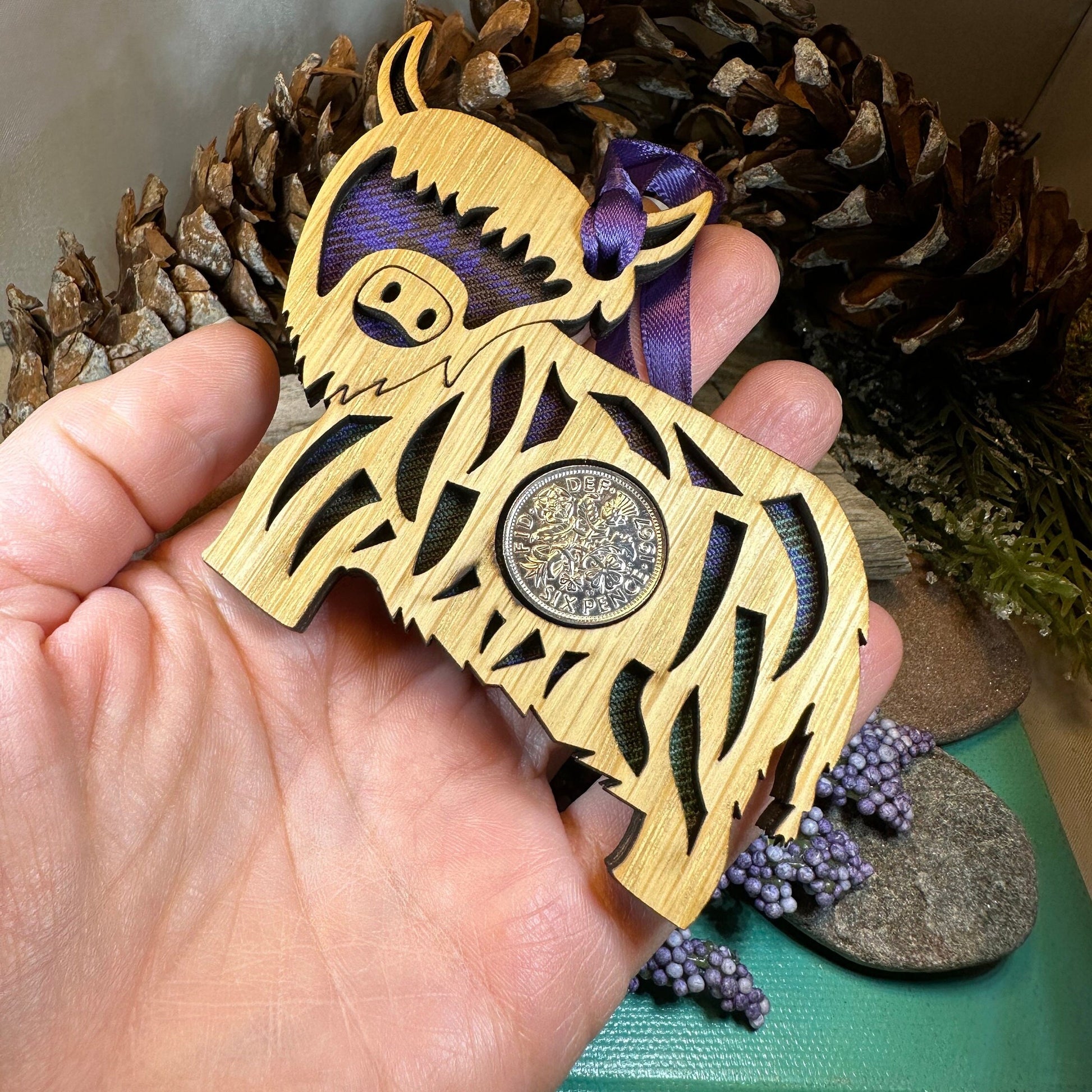 Highland Cow Ornament, Lucky Sixpence, Scotland Gift, Scottish Cow, Tartan Gift, Christmas Tree Ornament, Good Luck Gift, Oak Wood Plaque