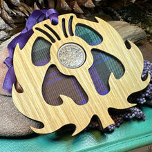 Load image into Gallery viewer, Thistle Ornament, Lucky Sixpence, Scotland Gift, Scottish Gift, Tartan Gift, Christmas Tree Ornament, Good Luck Gift, Oak Wood Plaque
