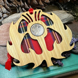 Thistle Ornament, Lucky Sixpence, Scotland Gift, Scottish Gift, Tartan Gift, Christmas Tree Ornament, Good Luck Gift, Oak Wood Plaque