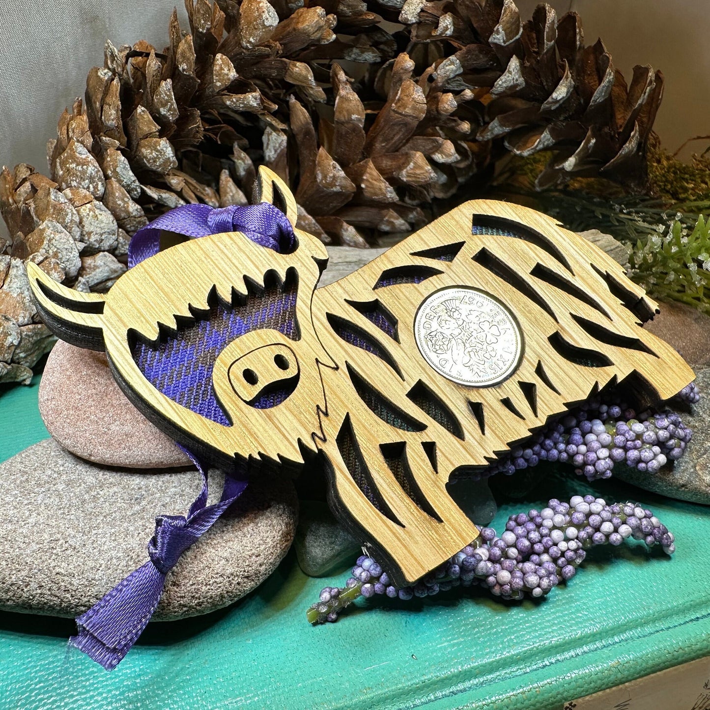 Highland Cow Ornament, Lucky Sixpence, Scotland Gift, Scottish Cow, Tartan Gift, Christmas Tree Ornament, Good Luck Gift, Oak Wood Plaque