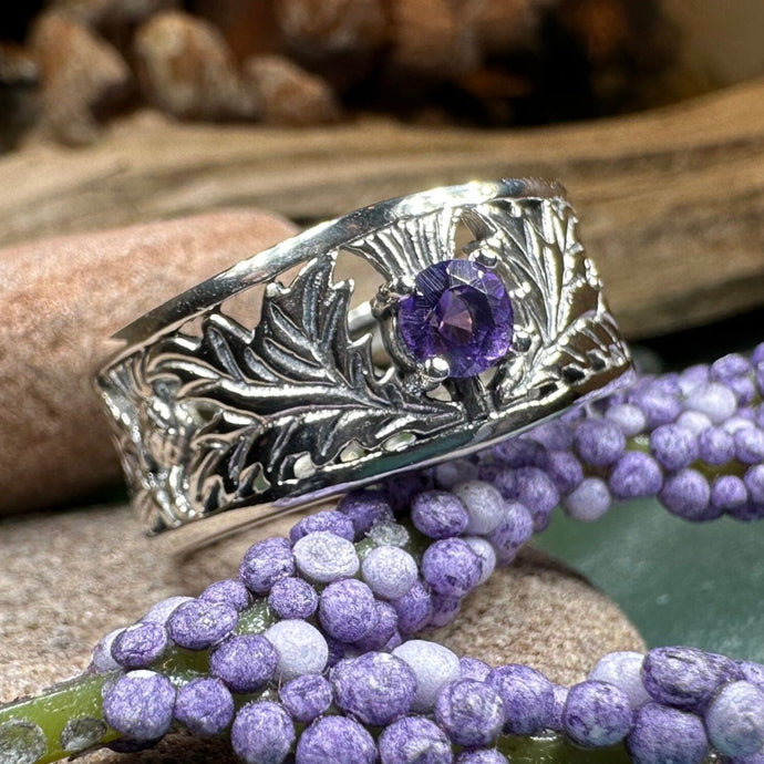 Thistle Ring, Celtic Jewelry, Scottish Jewelry, Amethyst Ring, Outlander Jewelry, Nature Ring, Thistle Jewelry, Wedding Band, Wife Gift