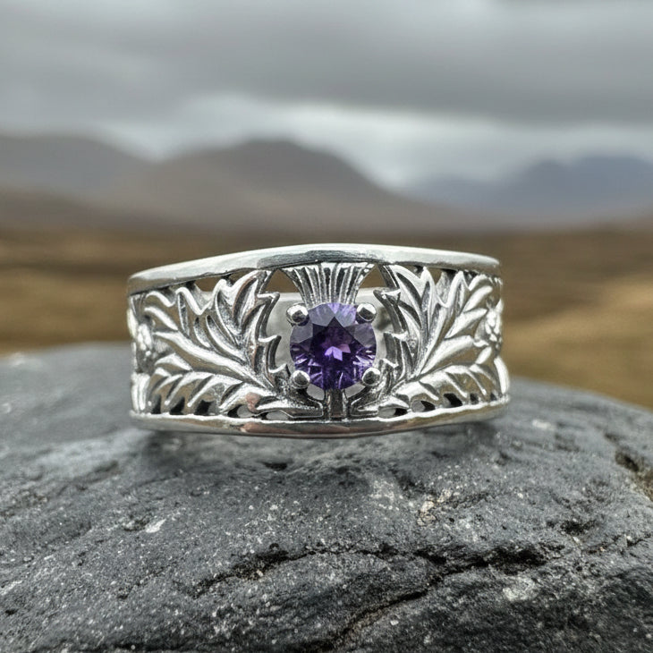 Thistle Ring, Celtic Jewelry, Scottish Jewelry, Amethyst Ring, Outlander Jewelry, Nature Ring, Thistle Jewelry, Wedding Band, Wife Gift