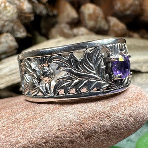 Thistle Ring, Celtic Jewelry, Scottish Jewelry, Amethyst Ring, Outlander Jewelry, Nature Ring, Thistle Jewelry, Wedding Band, Wife Gift