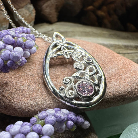 Load image into Gallery viewer, Celtic Knot Necklace, Celtic Jewelry, Irish Jewelry, Scottish Jewelry, Pink Topaz Pendant, Trinity Knot, Scotland Jewelry, Anniversary Gift
