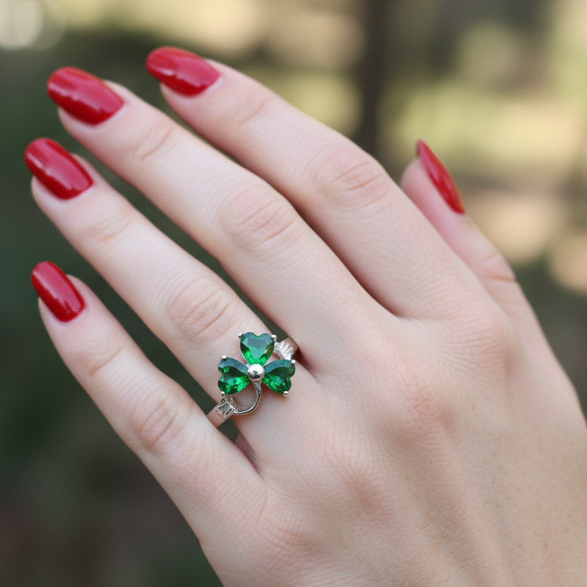 Shamrock Ring, Celtic Jewelry, Emerald Irish Jewelry, Clover Ring, Silver Ireland Gift, Irish Dance Gift, Anniversary Gift, Good Luck Gift