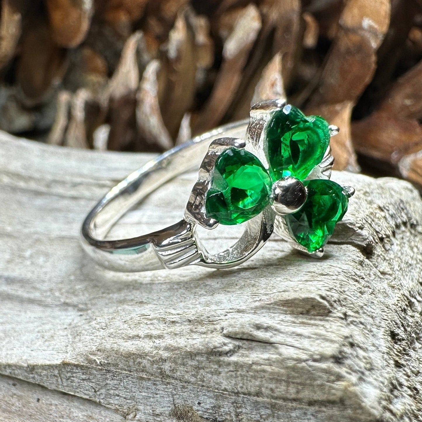 Emerald Irish Shamrock Ring in Sterling Silver — view 9