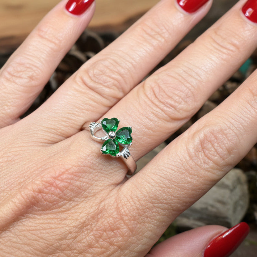 Emerald Irish Shamrock Ring in Sterling Silver — view 7