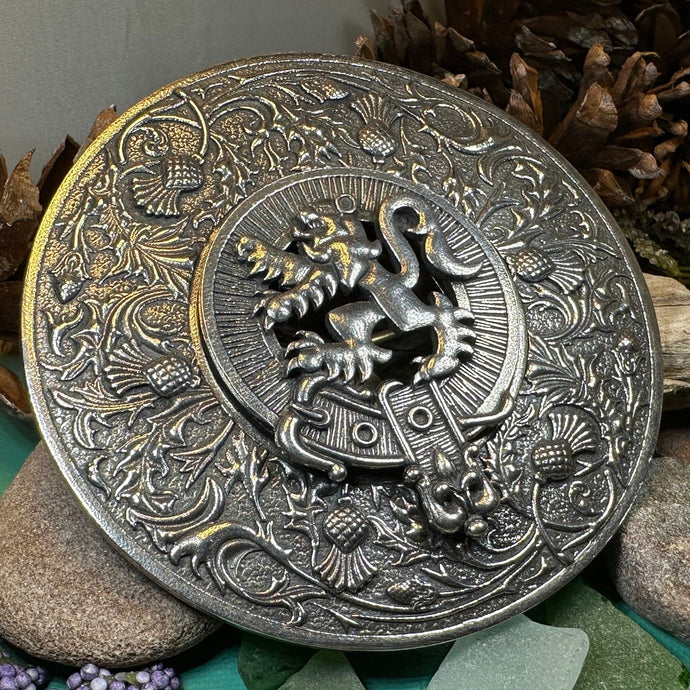 Thistle Plaid Brooch, Extra Large Celtic Pin, Scottish Lion Pin, Norse Jewelry, Wiccan Jewelry, Anniversary Gift, Kilt Pin, Men's Tartan Pin