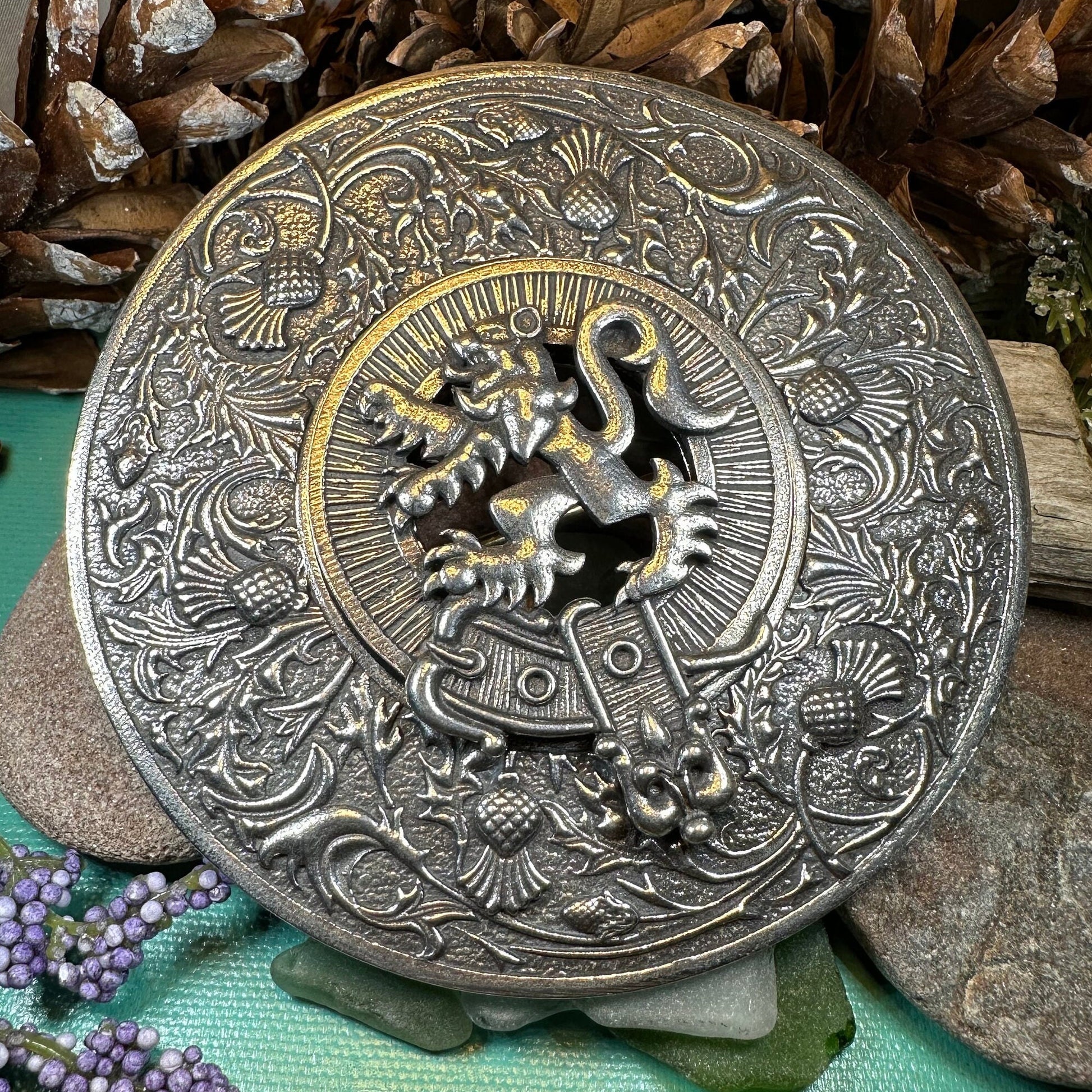 Thistle Plaid Brooch, Extra Large Celtic Pin, Scottish Lion Pin, Norse Jewelry, Wiccan Jewelry, Anniversary Gift, Kilt Pin, Men's Tartan Pin