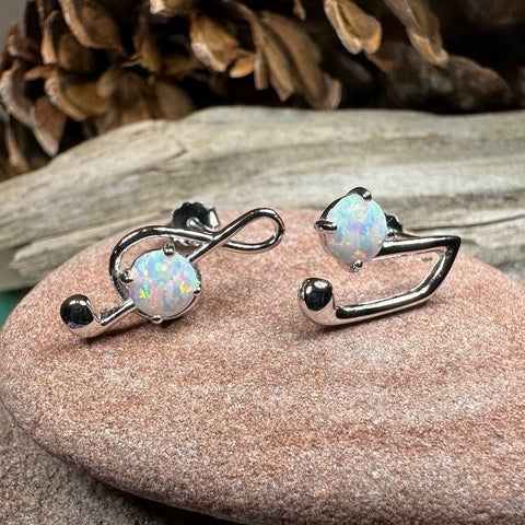 Load image into Gallery viewer, Music Note Stud Earrings, Musician Jewelry, Treble Clef Jewelry, Anniversary Gift, Opal Jewelry, Mom Gift, Sister Gift, Wife Gift
