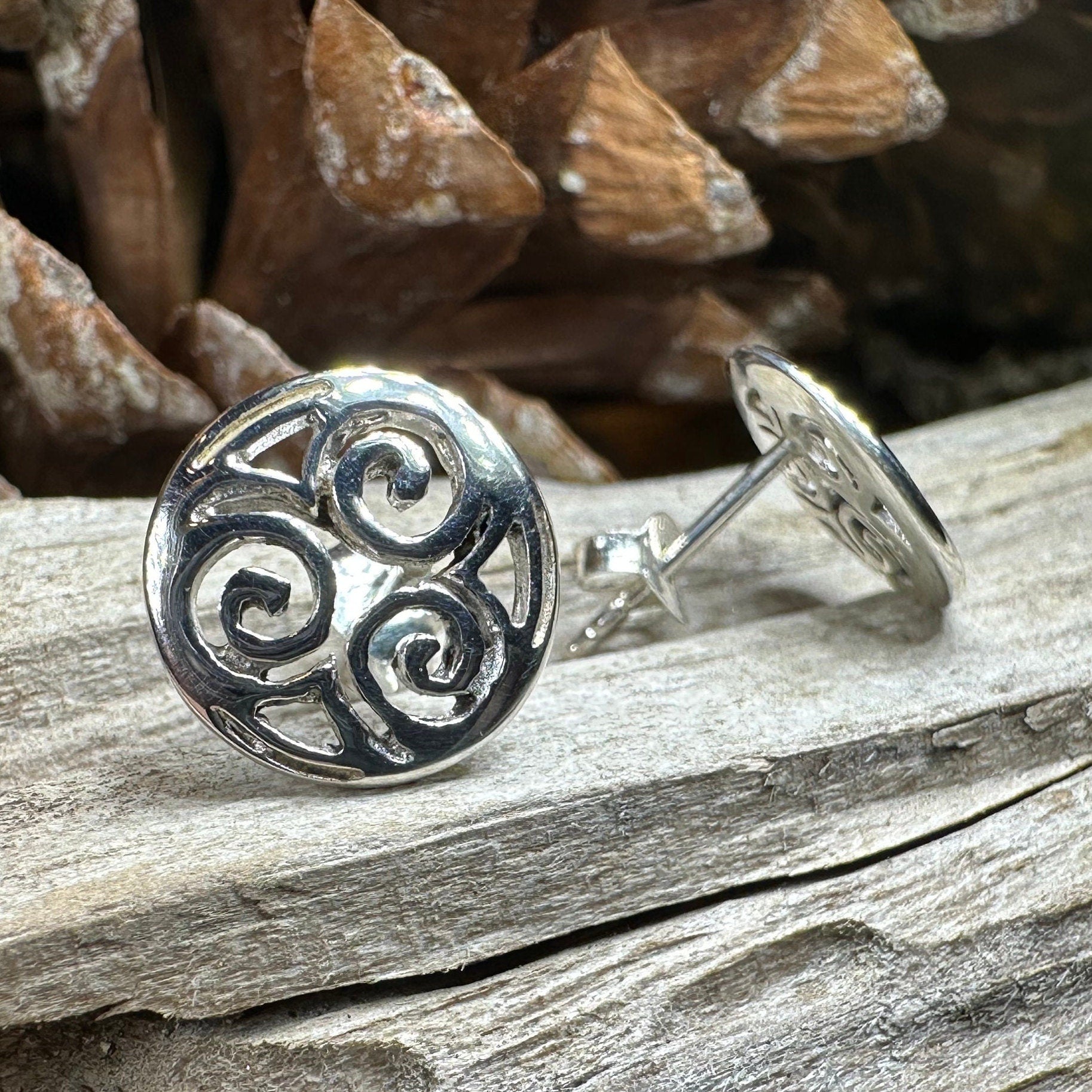 Celtic Knot Earrings, Irish Jewelry, Triple Spiral Stud Earrings, Anniversary Gift, Scottish Jewelry, Norse Jewelry, Triskel Jewelry