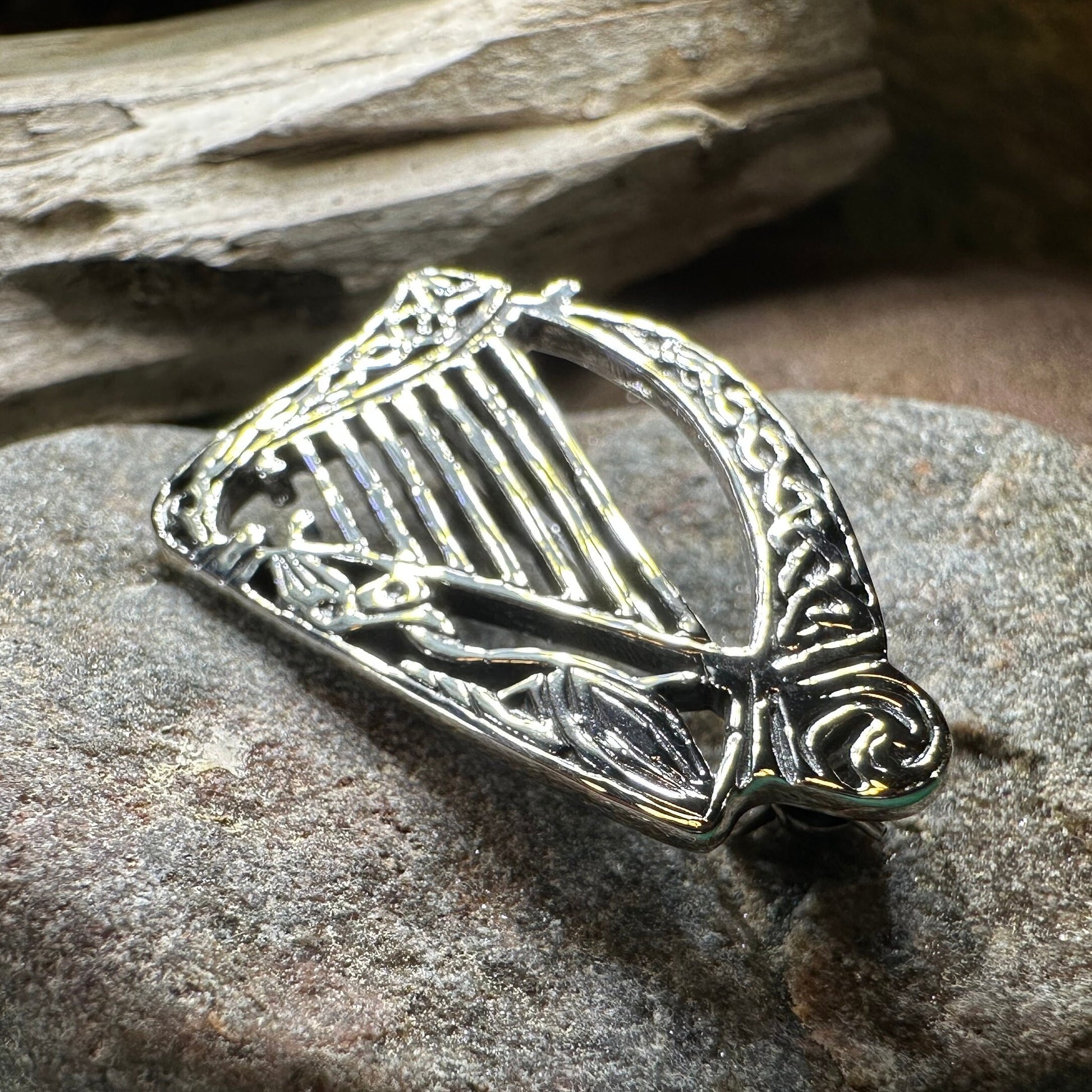 Ancient Bard Celtic Harp Brooch - Irish Sterling Silver Pin — view 6