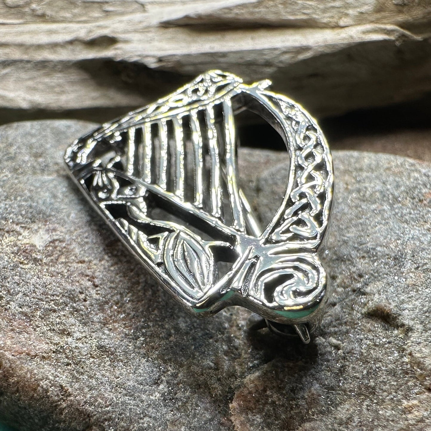 Ancient Bard Celtic Harp Brooch - Irish Sterling Silver Pin — view 7