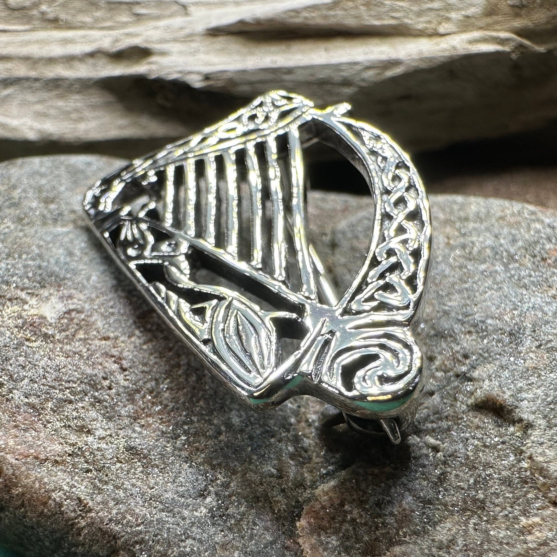 Ancient Bard Celtic Harp Brooch - Irish Sterling Silver Pin — view 7