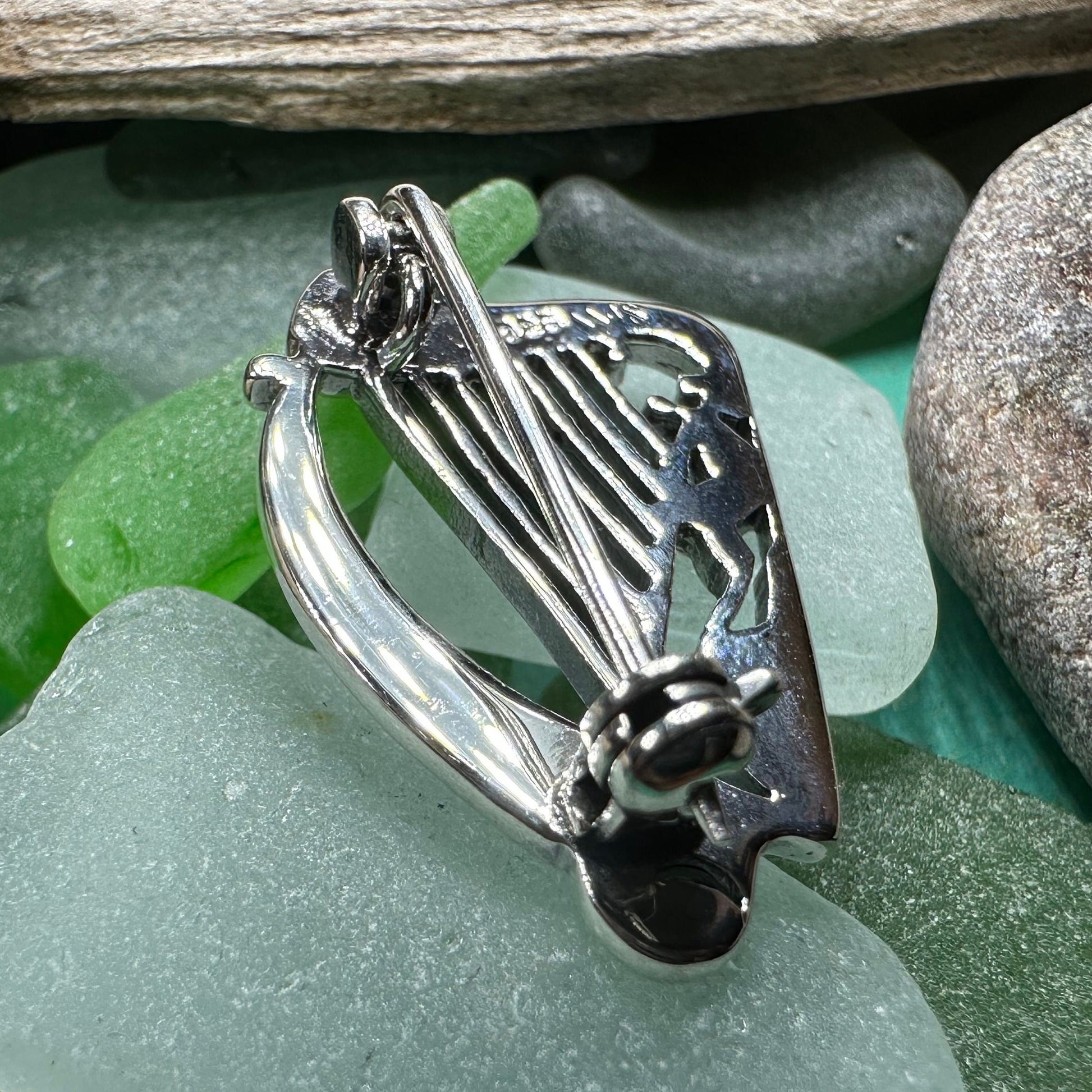 Ancient Bard Celtic Harp Brooch - Irish Sterling Silver Pin — view 9