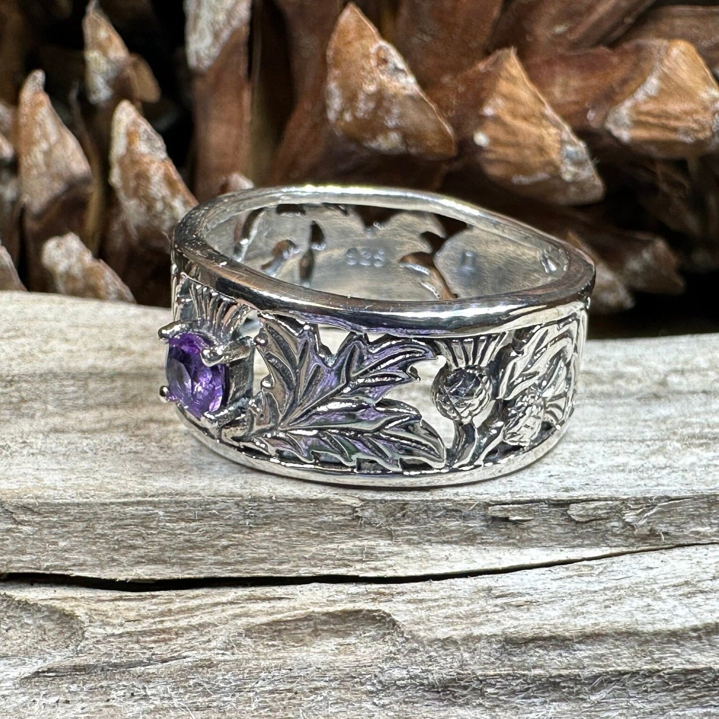 Thistle Ring, Celtic Jewelry, Scottish Jewelry, Amethyst Ring, Outlander Jewelry, Nature Ring, Thistle Jewelry, Wedding Band, Wife Gift