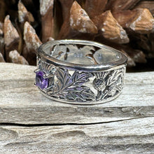 Load image into Gallery viewer, Thistle Ring, Celtic Jewelry, Scottish Jewelry, Amethyst Ring, Outlander Jewelry, Nature Ring, Thistle Jewelry, Wedding Band, Wife Gift
