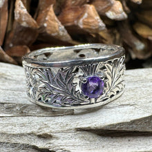 Load image into Gallery viewer, Thistle Ring, Celtic Jewelry, Scottish Jewelry, Amethyst Ring, Outlander Jewelry, Nature Ring, Thistle Jewelry, Wedding Band, Wife Gift
