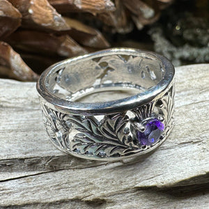 Thistle Ring, Celtic Jewelry, Scottish Jewelry, Amethyst Ring, Outlander Jewelry, Nature Ring, Thistle Jewelry, Wedding Band, Wife Gift