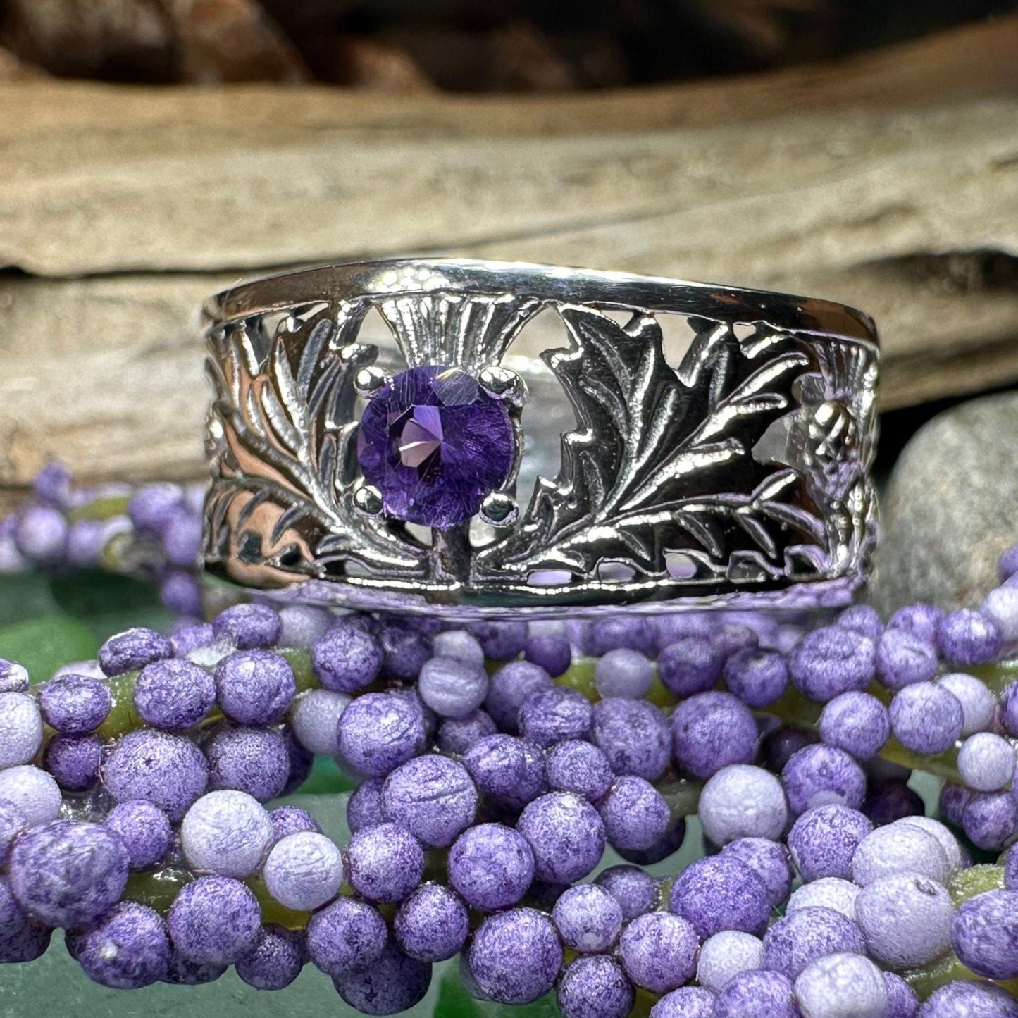 Thistle Ring, Celtic Jewelry, Scottish Jewelry, Amethyst Ring, Outlander Jewelry, Nature Ring, Thistle Jewelry, Wedding Band, Wife Gift