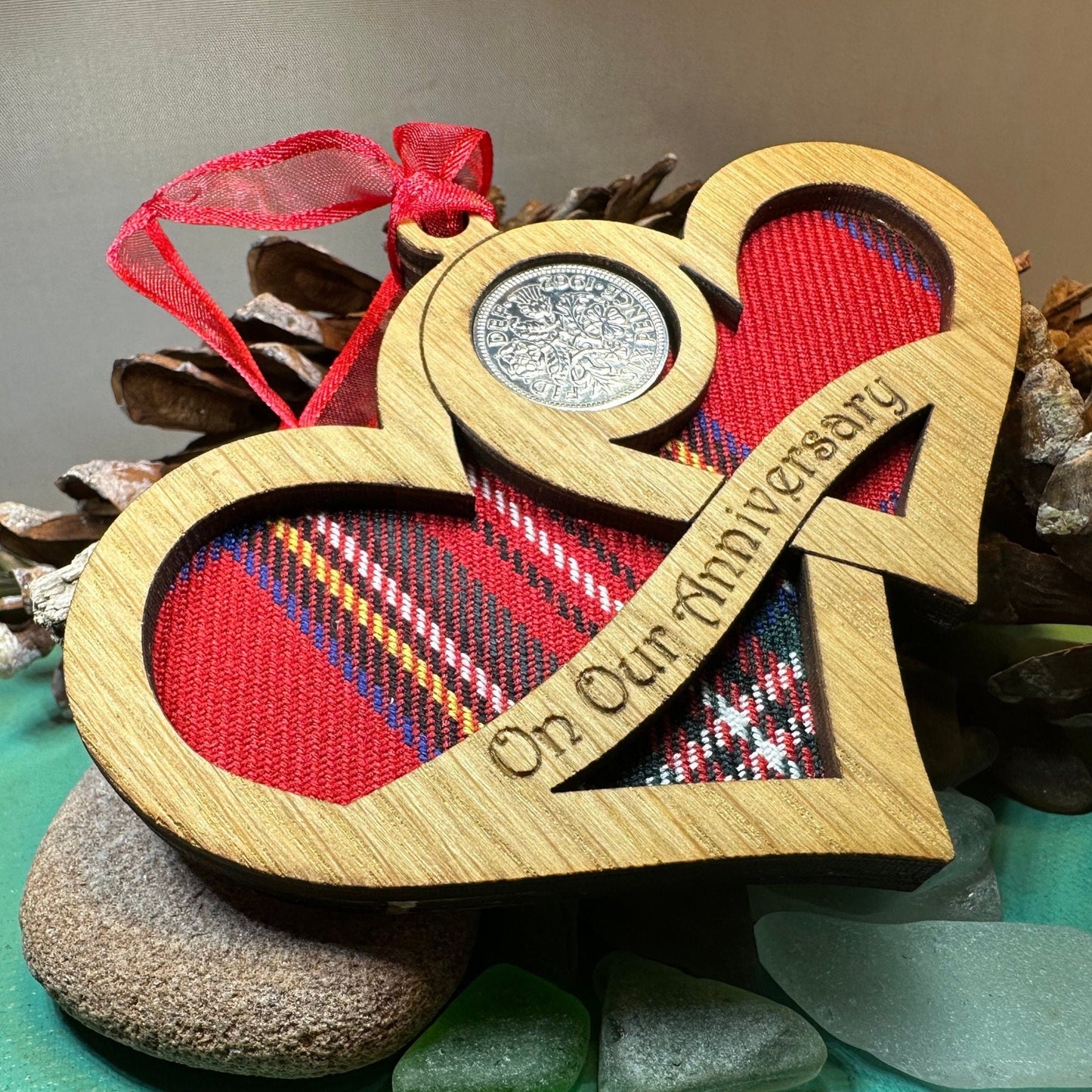Scottish Anniversary Gift, Lucky Sixpence, Scotland Gift, Tree Ornament, Tartan Gift, Christmas Ornament, Good Luck Gift, Oak Wood Plaque