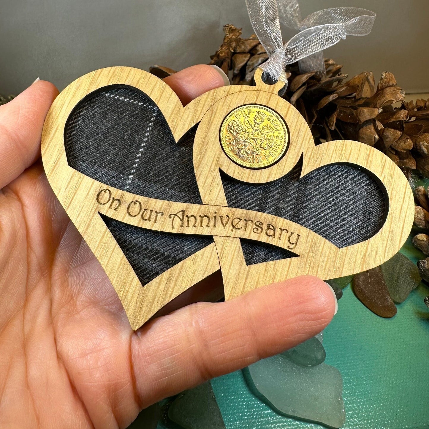 Scottish Anniversary Gift, Lucky Sixpence, Scotland Gift, Tree Ornament, Tartan Gift, Christmas Ornament, Good Luck Gift, Oak Wood Plaque