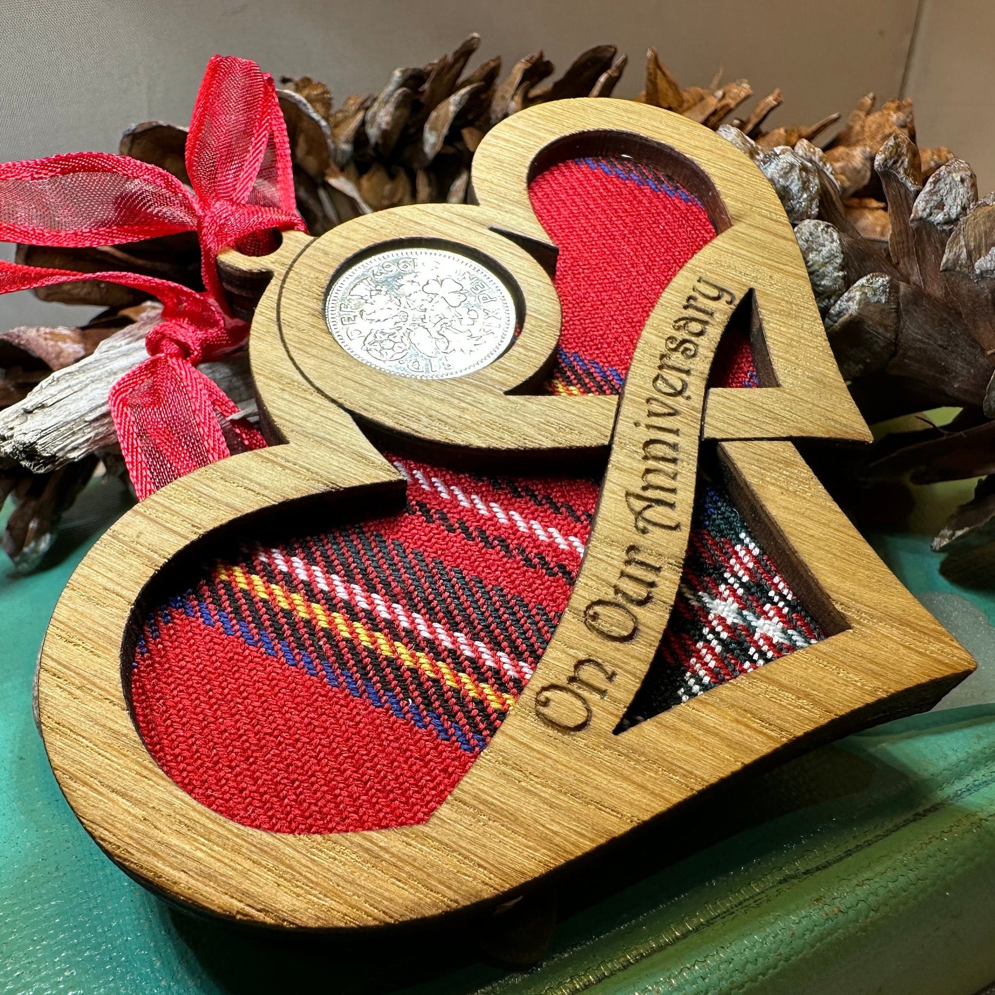 Scottish Anniversary Gift, Lucky Sixpence, Scotland Gift, Tree Ornament, Tartan Gift, Christmas Ornament, Good Luck Gift, Oak Wood Plaque
