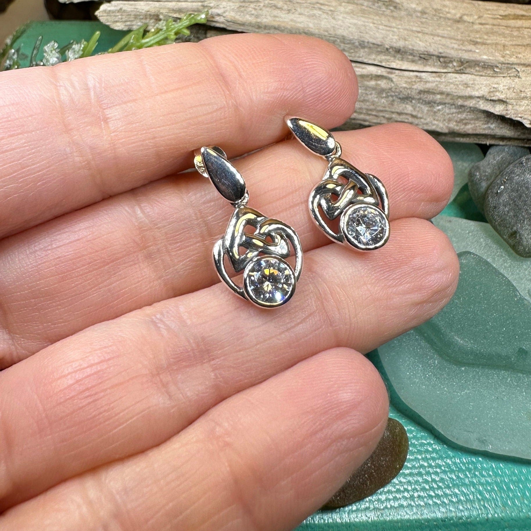 Celtic Knot Earrings, Silver Post Earrings, Irish Jewelry, Scottish Drop Earrings, Silver Ireland Gift, Scotland Gift, Diamond Earrings