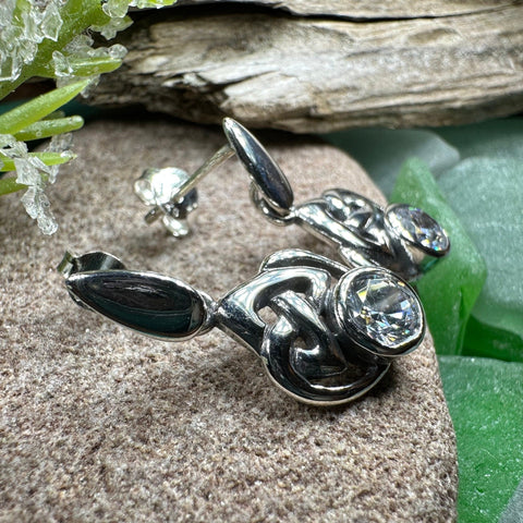 Load image into Gallery viewer, Celtic Knot Earrings, Silver Post Earrings, Irish Jewelry, Scottish Drop Earrings, Silver Ireland Gift, Scotland Gift, Diamond Earrings
