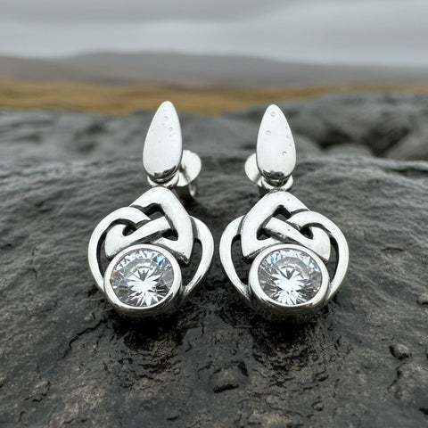 Load image into Gallery viewer, Celtic Knot Earrings, Silver Post Earrings, Irish Jewelry, Scottish Drop Earrings, Silver Ireland Gift, Scotland Gift, Diamond Earrings
