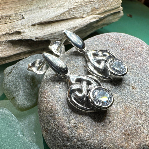 Load image into Gallery viewer, Celtic Knot Earrings, Silver Post Earrings, Irish Jewelry, Scottish Drop Earrings, Silver Ireland Gift, Scotland Gift, Diamond Earrings
