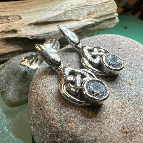 Load image into Gallery viewer, Celtic Knot Earrings, Silver Post Earrings, Irish Jewelry, Scottish Drop Earrings, Silver Ireland Gift, Scotland Gift, Diamond Earrings
