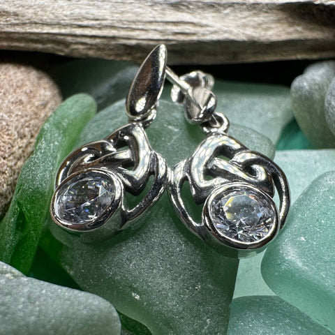 Load image into Gallery viewer, Celtic Knot Earrings, Silver Post Earrings, Irish Jewelry, Scottish Drop Earrings, Silver Ireland Gift, Scotland Gift, Diamond Earrings

