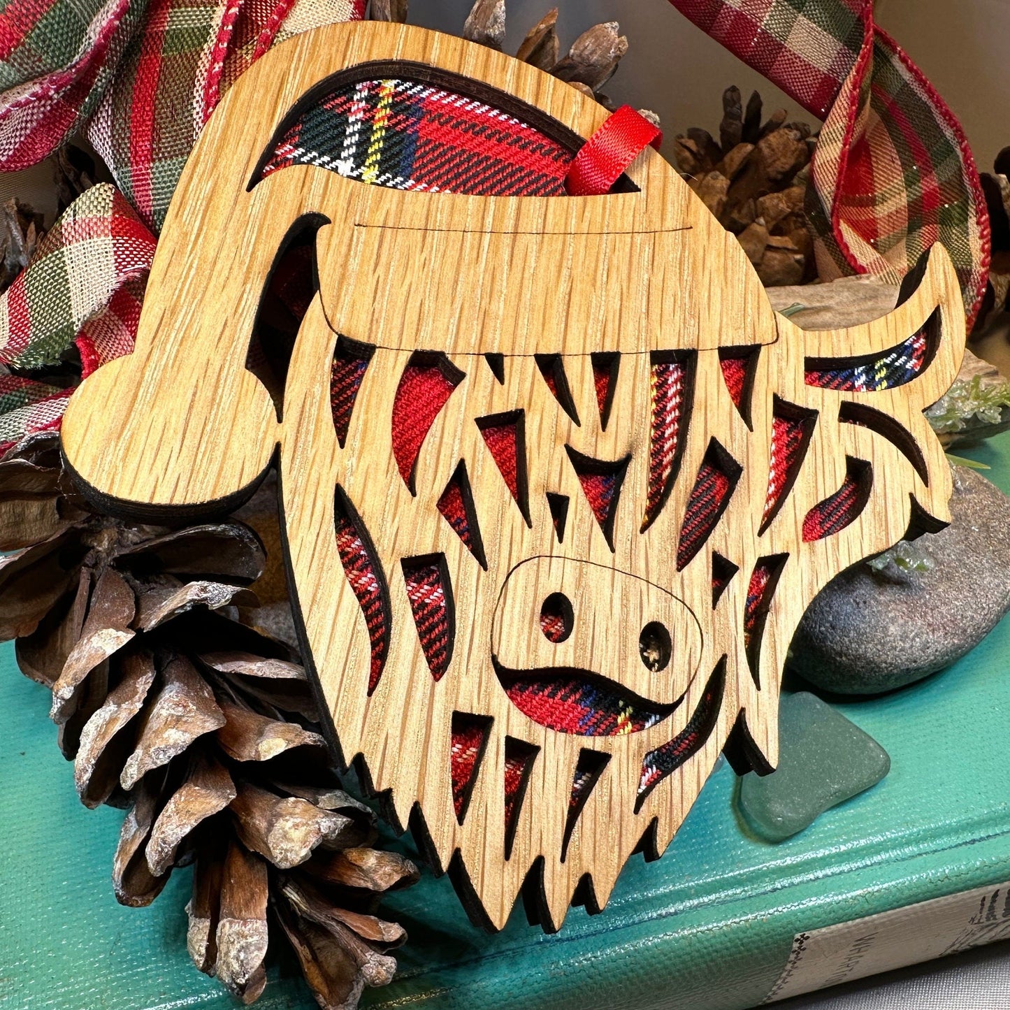 Highland Cow Ornament, Santa Christmas Ornament, Scotland Gift, Scottish Cow, Tartan Gift, Christmas Tree Ornament, Holiday Oak Wood Plaque