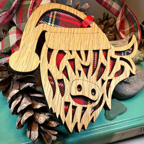 Load image into Gallery viewer, Highland Cow Ornament, Santa Christmas Ornament, Scotland Gift, Scottish Cow, Tartan Gift, Christmas Tree Ornament, Holiday Oak Wood Plaque
